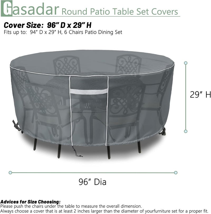 Gasadar Round Patio Table Cover Waterproof, Outdoor Furniture Covers for Round Table Set, 600D Heavy Duty, 96" Dia x 28" H, Grey - Image 2